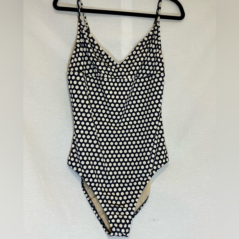 J. Crew Women's One Piece Swimsuit Size XL Navy White Polka Dot V Neck Beach